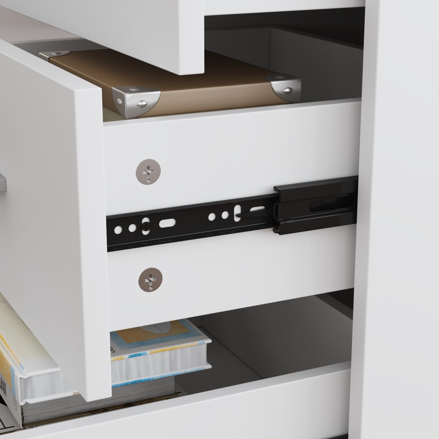 MOUMON L Shaped Standing Desk with Drawers and Shelves, Executive Adjustable Height Desk, L-Shaped Design, 63 inch Tabletop, for Office Oak and White (63'W x 63'D x 28.9-45.3'H)