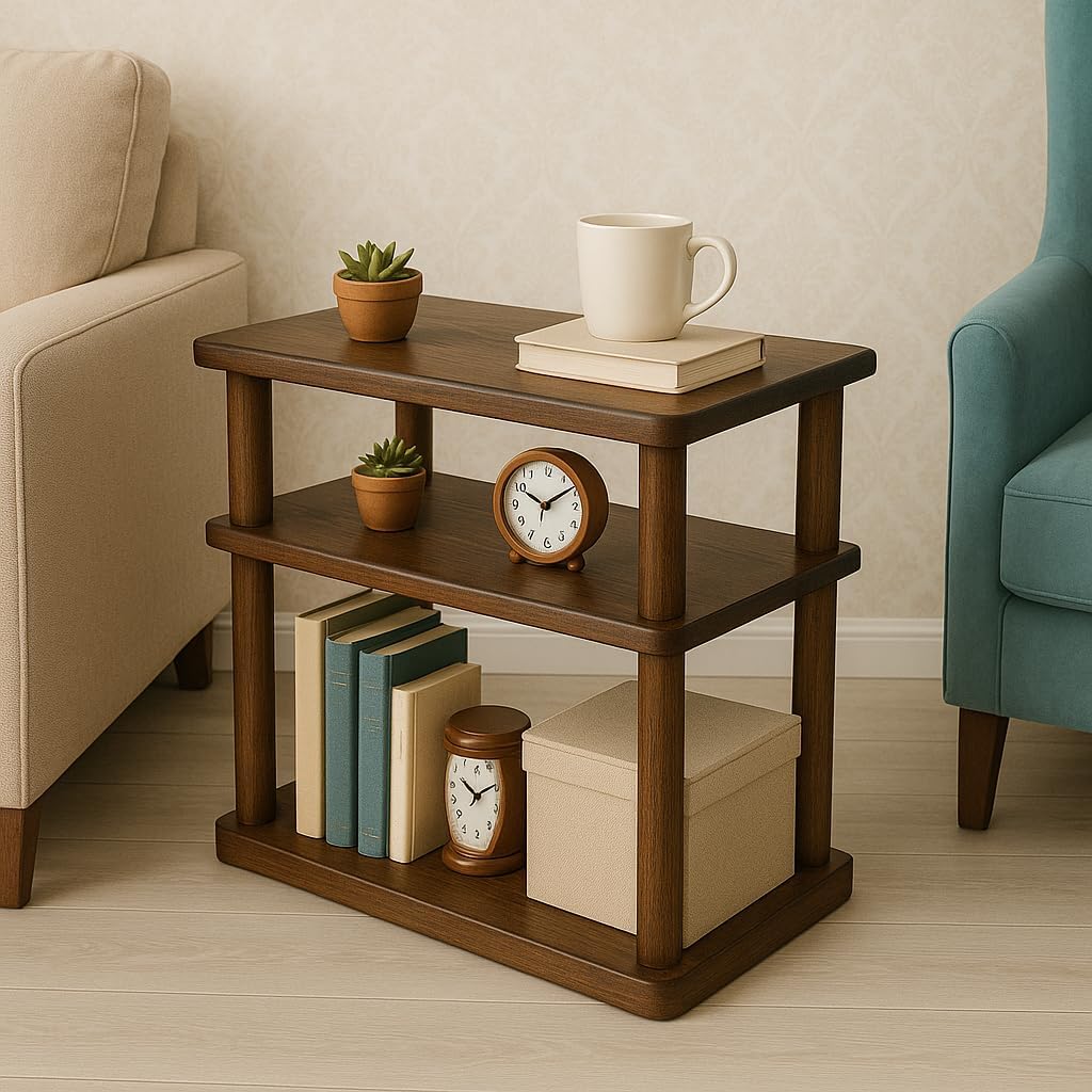 Handcrafted Solid 3-Tier Narrow Side Table, 10 Inch Pine Wood End Table for Living Room with Storage, Slim Bedside Table for Small Spaces, Nursery, Bedroom, Office (Walnut, Low)