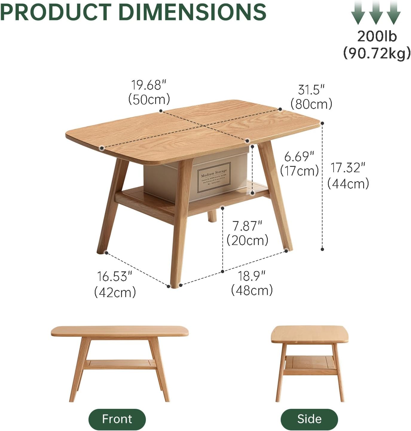100% Solid Oak Wood Coffee Table for Living Room, Small Table with Shelf Storage, Mid Century Modern Coffee Tables with Rounded Corners for Home (Natural, 31.49' x 19.68' x 17.32')