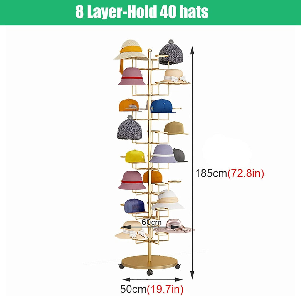 Hat Display Stand Floor Standing Gold Hat Racks Organisers with Wheels, Commercial Multi-Layer Hat Holder Stand for Cowboy/Baseball Caps, Large Capacity