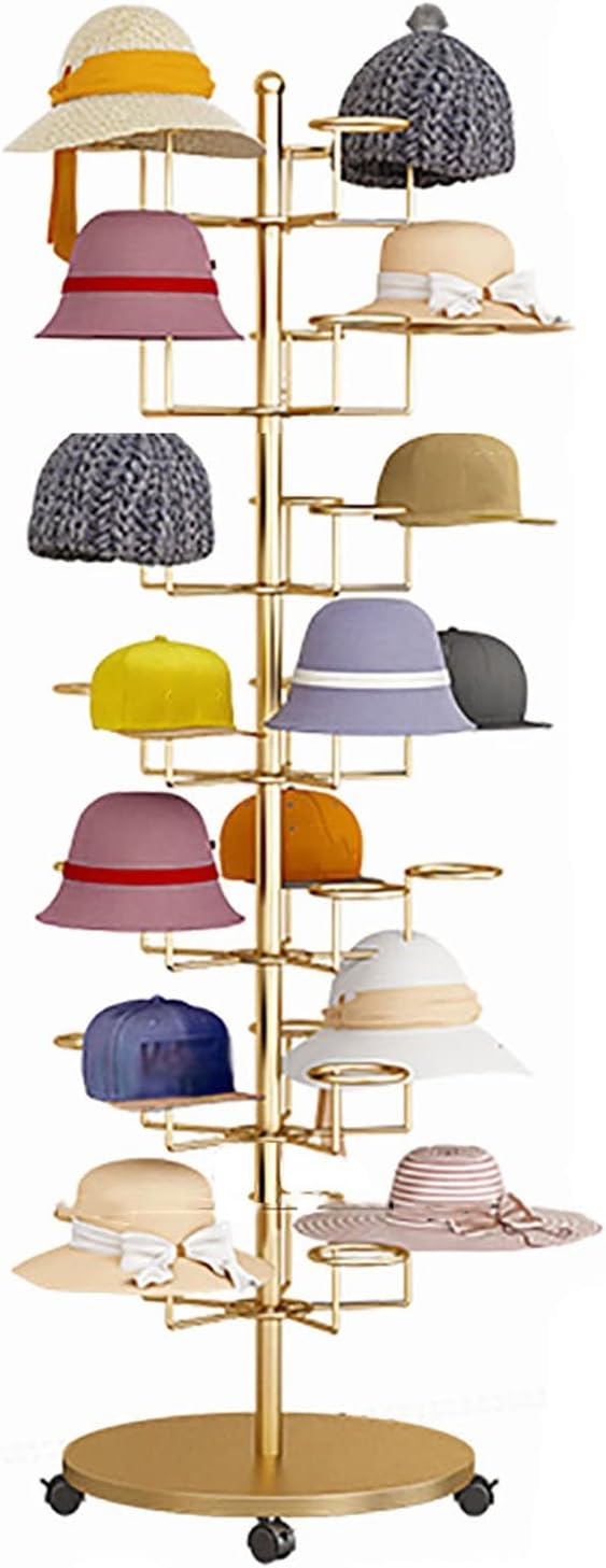 Hat Display Stand Floor Standing Gold Hat Racks Organisers with Wheels, Commercial Multi-Layer Hat Holder Stand for Cowboy/Baseball Caps, Large Capacity