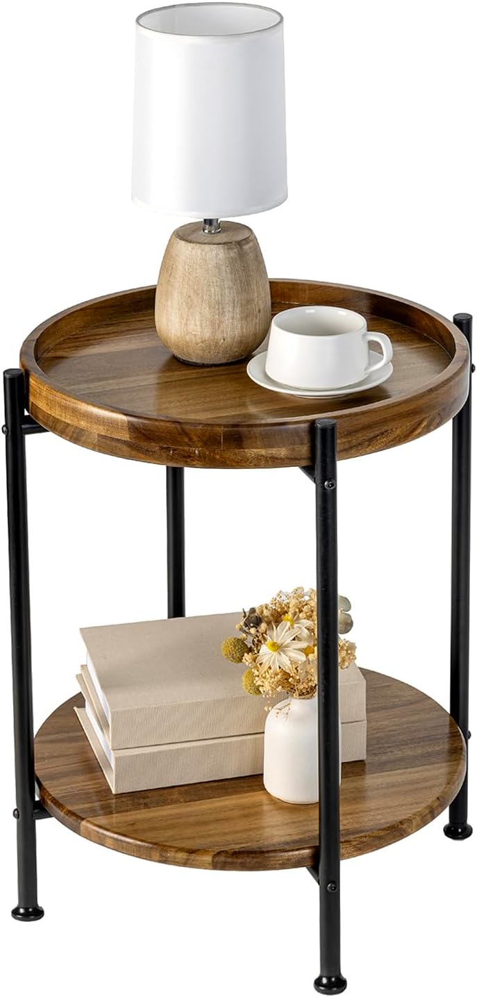 MyGift 2 Tier Round End Table with Premium Acacia Solid Wood Shelf and Black Metal Frame, 22 Inch Tall Side Table Modern Home Living Room or Bedroom Furniture