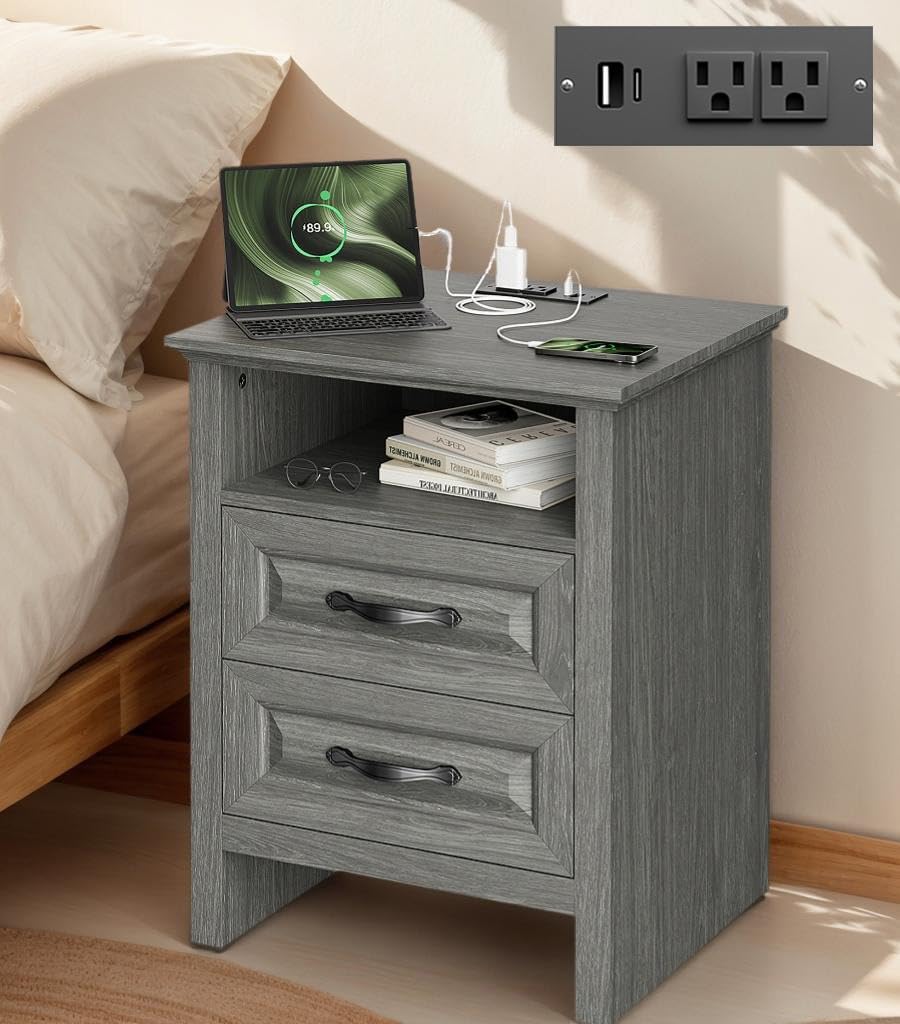 Marsail Nightstand for Bedroom, Night Stand with Charging Station, Bedside Table with 2 Drawers & Open Shelf, Farmhouse End Table Storage Cabinet, Gray