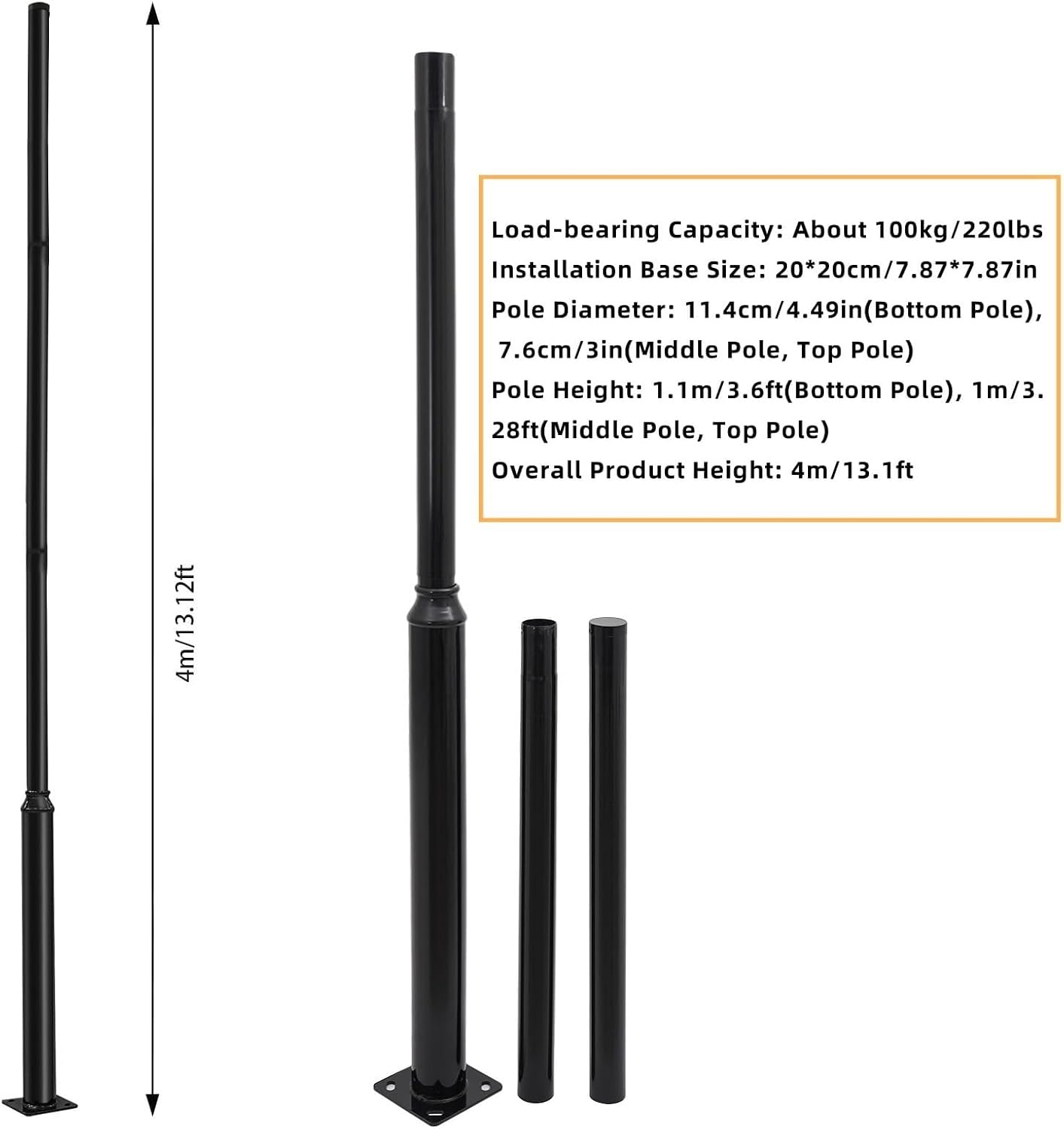 Street Light Pole 13ft Tall, Galvanized Split Street Lamp Post for Outdoor Street Courtyard Parking Lot Lighting Post Fixtures with Mounting Ground Cage (13FT 114+76mm)