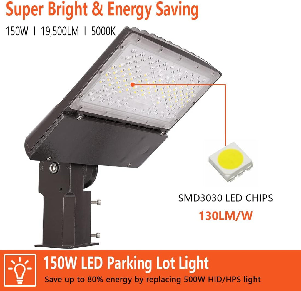 150W LED Parking Lot Lights with Adjustable Slip Fitter Mount,Outdoor Commercial Area Lighting 19500LM 5000K IP65 LED Street Light for Court,Yard,Parking Lot,Roadways (150Watt)