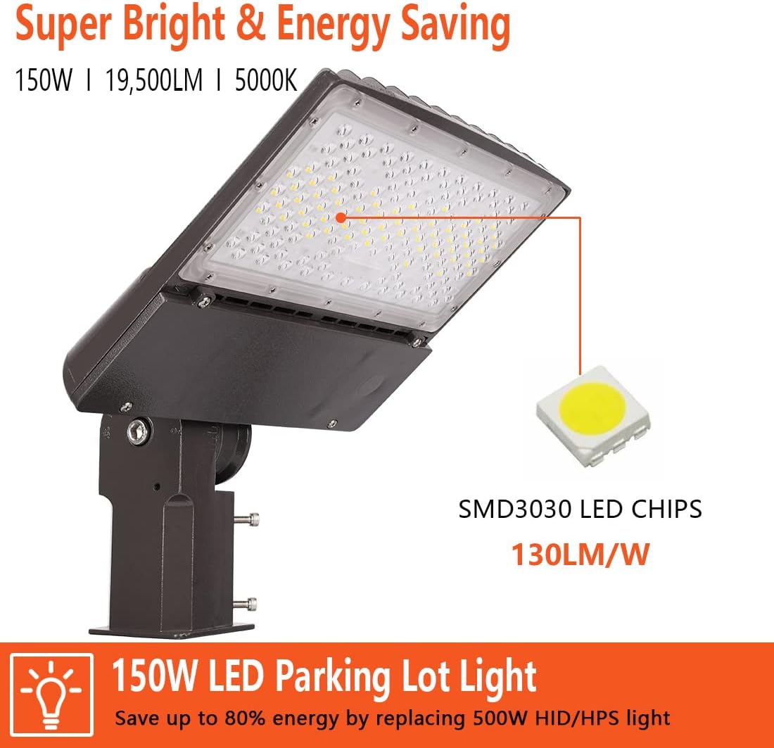 150W LED Parking Lot Lights with Adjustable Slip Fitter Mount,Outdoor Commercial Area Lighting 19500LM 5000K IP65 LED Street Light for Court,Yard,Parking Lot,Roadways (150Watt)