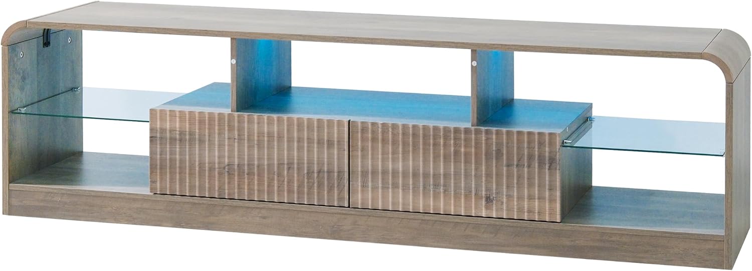 Wodeer Mid Century Modern TV Stand for 55 60 65 70 75 Inch TVs, Fluted TV Stands for Living Room with LED Lights, 63'' Entertainment Center with 2 Large Drawers & Glass Shelves, Grey