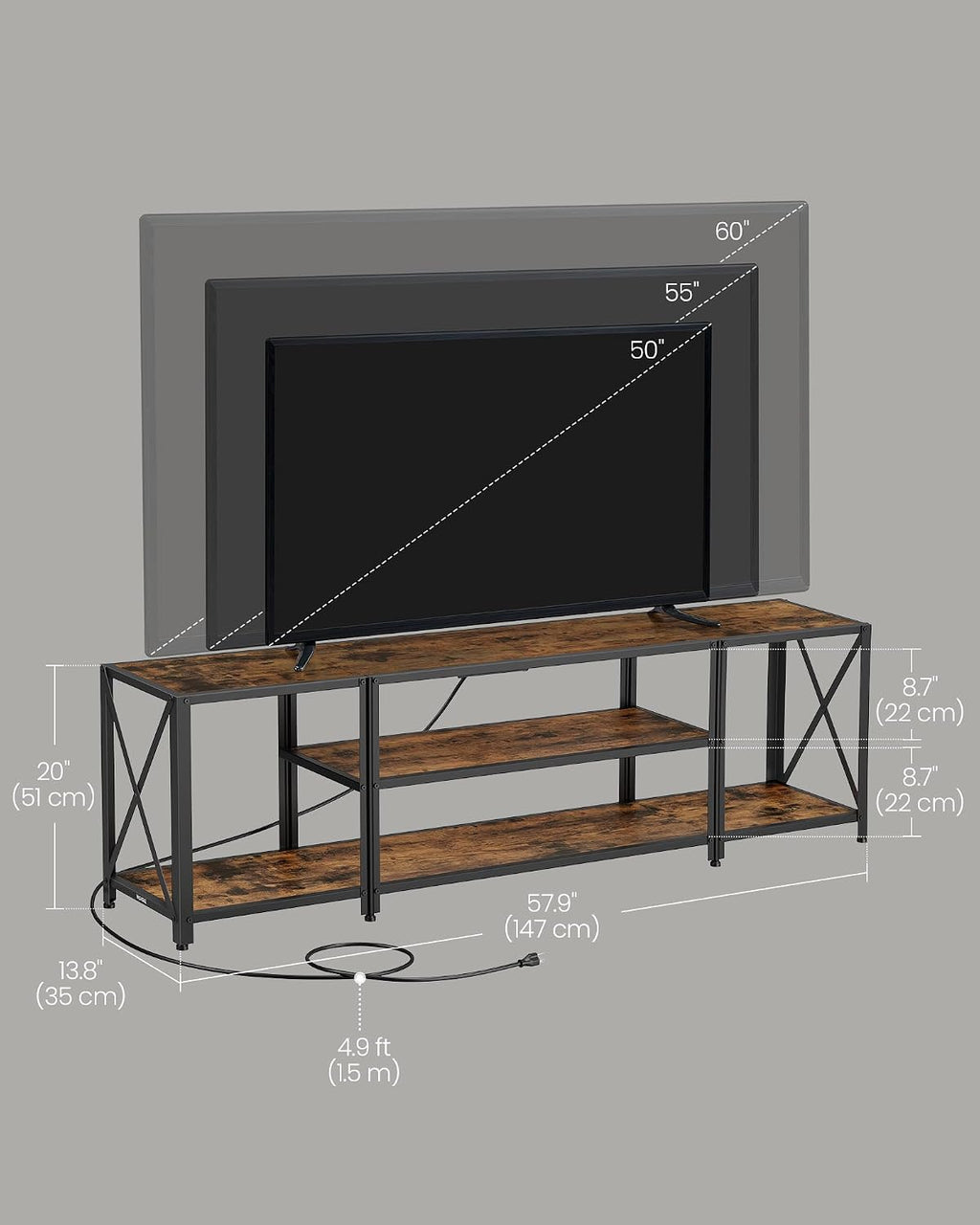 VASAGLE TV Stand with Power Outlets and LED Lights, for TVs up to 60 Inches, Entertainment Center with Open Storage Shelves, TV Console Table for Living Room, Rustic Brown and Ink Black ULTV121K01