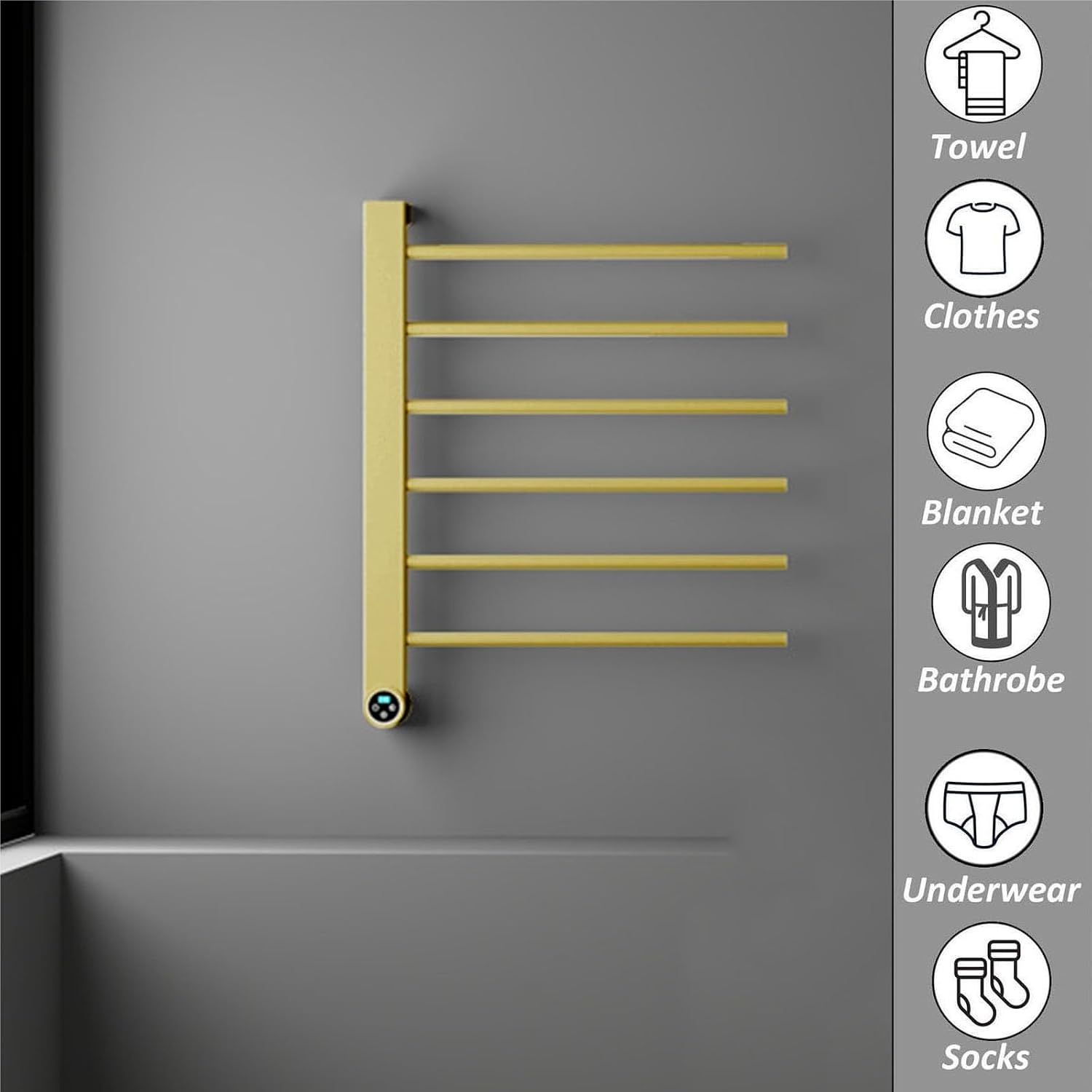 Towel Warmer Black,Wall Mounted S for Bathroom,Stainless Steel Heated Towel Rack, Drying with Intelligent Touch Screen Timer-White(Gold)