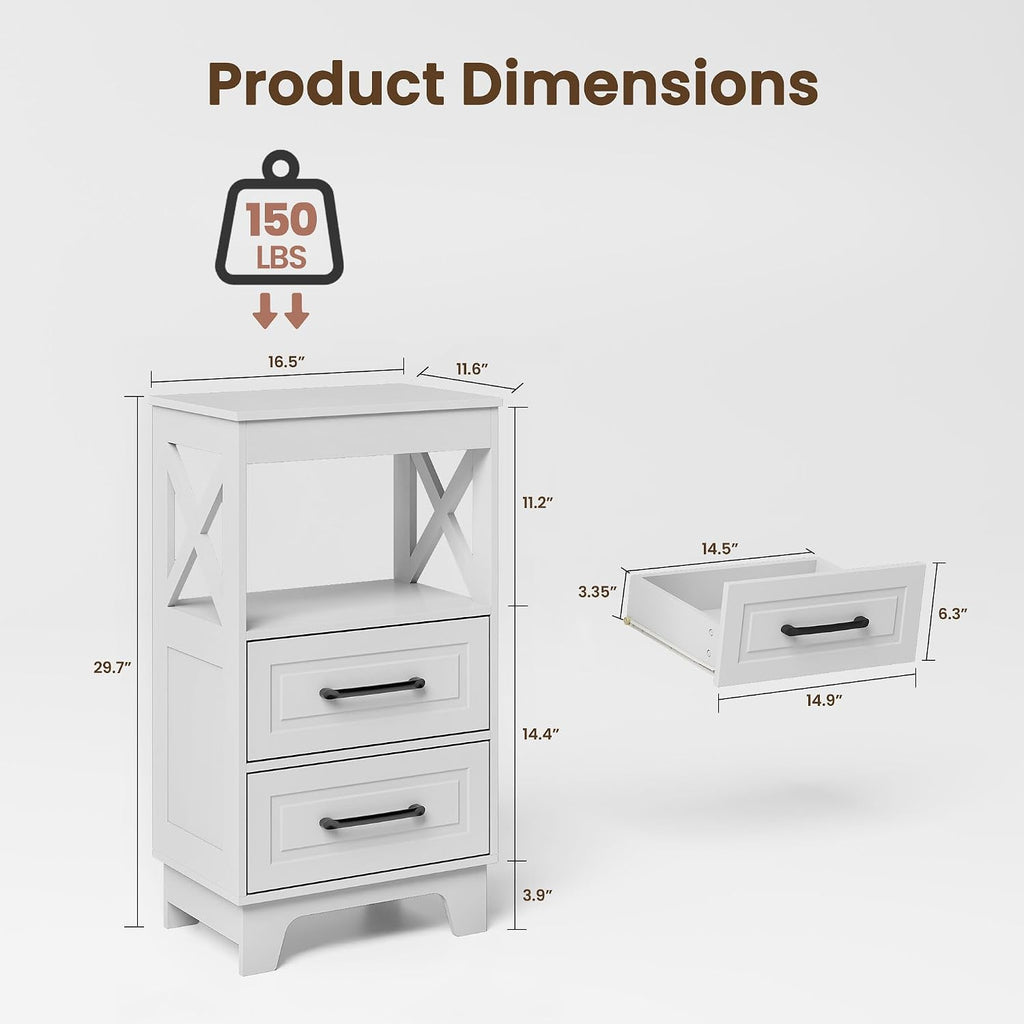 Tall Nightstand Set of 2 Side Table with 2 Drawers Modern Night Stand Wooden End Table Bedside Table with Upper Open Shelf Solid Feet for Bedroom, White