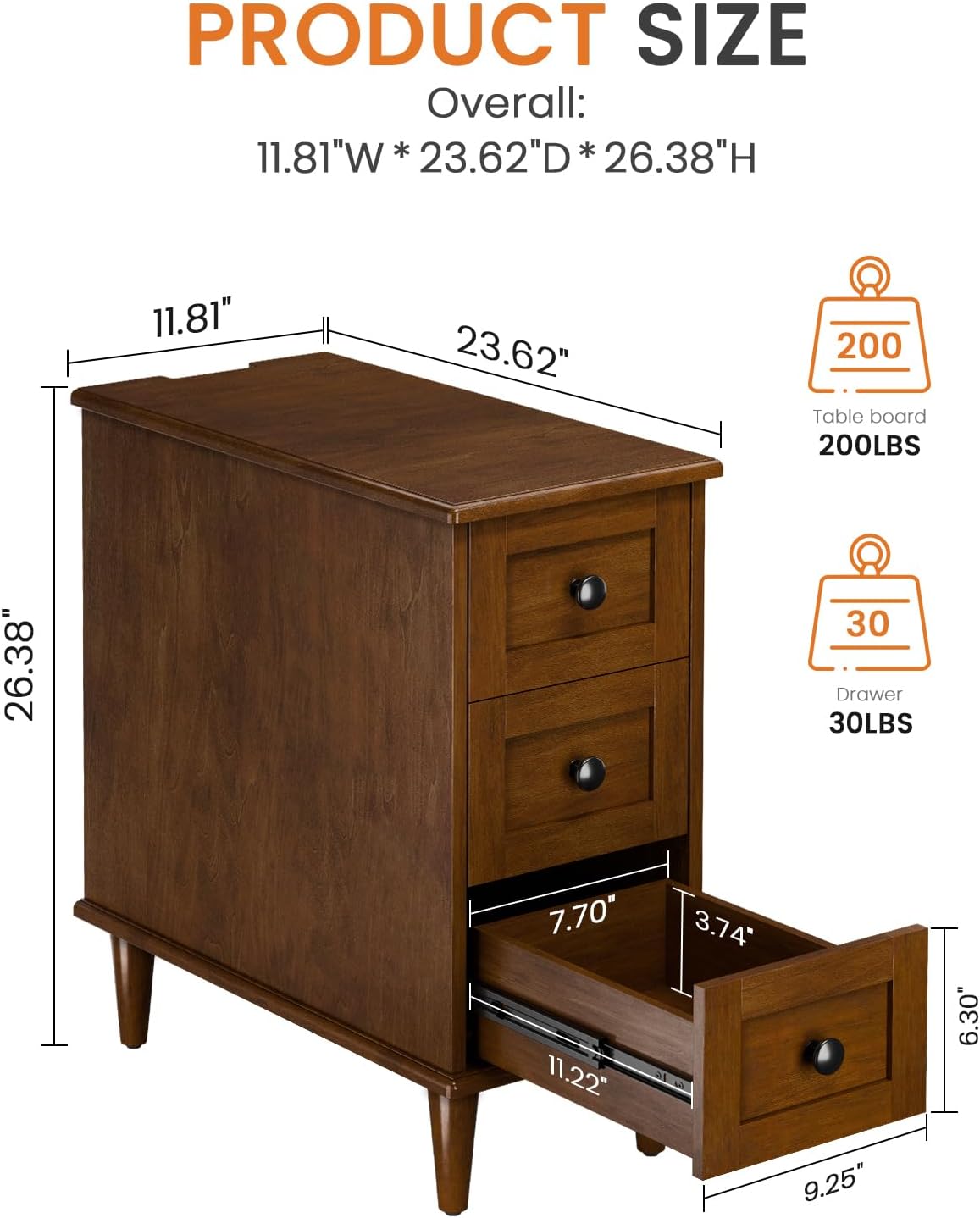 3-Drawer End Table with Built-in Charging Station, No Assembly Required Narrow Side Table with Outlets and USB Ports, Slim Nightstand for Living Room, Bedroom, Entryway (1, Cherry)