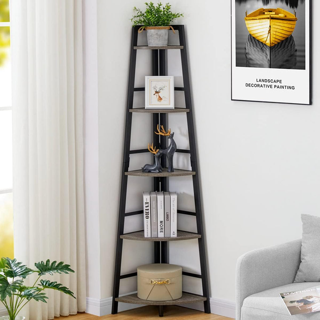 BON AUGURE Industrial Console Table for Entryway with Rustic 5-Tier Ladder Corner Shelf for Living Room and Home Office(Dark Gray Oak)
