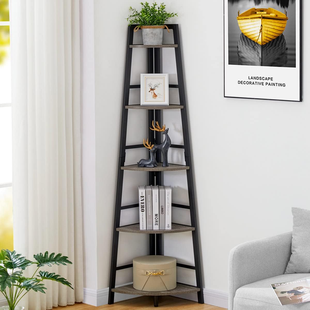 BON AUGURE Industrial Console Table for Entryway with Rustic 5-Tier Ladder Corner Shelf for Living Room and Home Office(Dark Gray Oak)