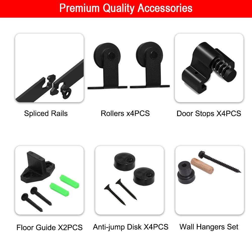 13.6FT Sliding Barn Double Door Hardware Cabinet Closet Track Kit Top Mount T Rollers Hangers Set for 2 Doors Black