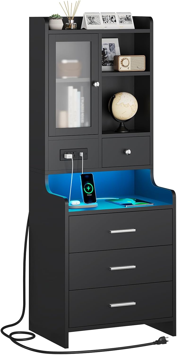 ADORNEVE Black Night Stand Set of 2 with Charging Station,49.2' LED Nightstand for Bedroom,Tall Bedside Table with Bookshelf and Drawers,Side Tables Bedroom,13.8' D x 17.7' W x 49.2' H