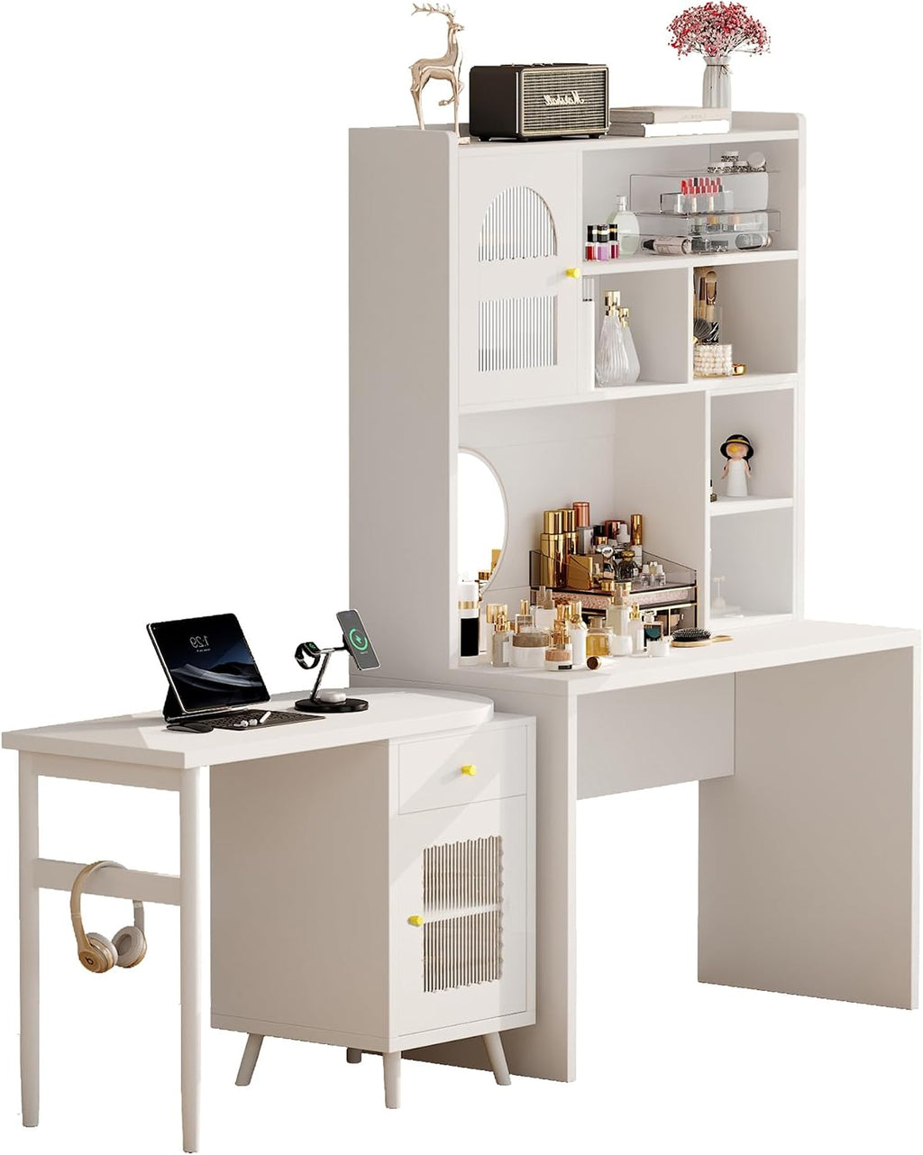 L Shaped Home Office Desks with 90° Rotating Retractable Desktop, Glass Door, Hutch, Drawers, Bookshelf & Storage Shelves, 43' Modern Gaming Computer Corner Table for Work, Study, Writing, White