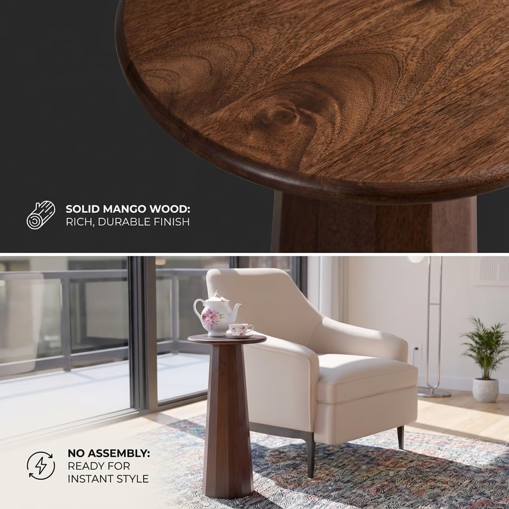 Relso Enteka Solid Mango Wood End Table – 24' Tall Accent Side Table with Walnut Finish | Handcrafted Coffee Table, No Assembly Required | Perfect for Modern Living Rooms, Farmhouses, Small Spaces