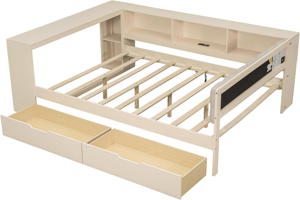 VilroCaz Modern Full Size Daybed with L-Shaped Bookcases and Desk, Solid Wood Daybed Sofa Bed Frame with 2 Drawers and Upholstered Headboard for Office Living Room Bedroom, Maximize Space (Full)