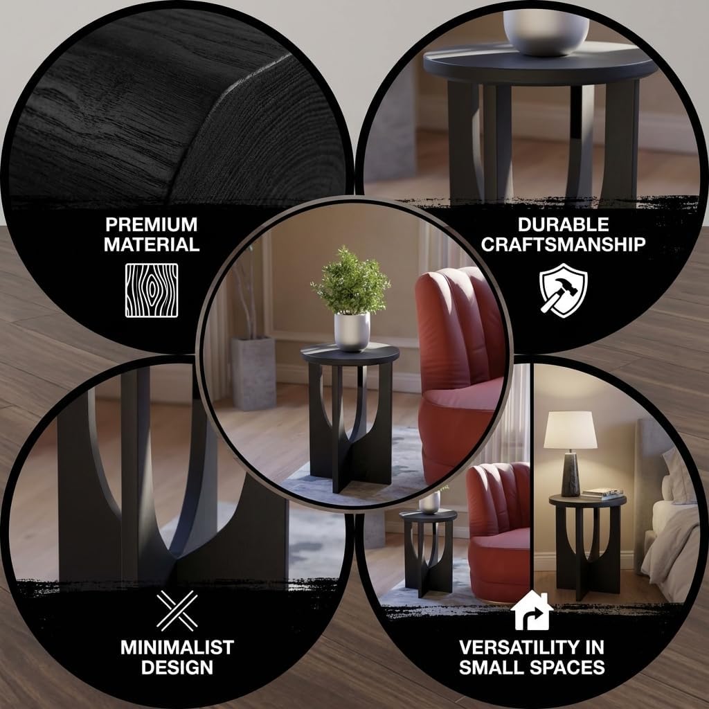 Stupa Solid Wood End Table – 22' Tall Round Side Table for Living Room or Bedroom, Handcrafted Accent Table in Distressed Black Finish, Easy Assembly, Modern Minimalist Design for Small Spaces
