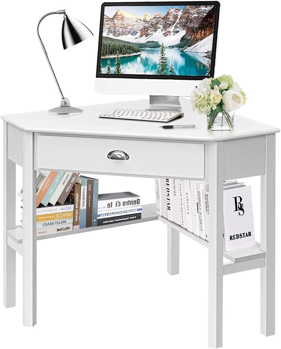 HOMGX Corner Desk With Storage Drawer and Shelves - Writing and Study Computer Workstation for Home Office, White