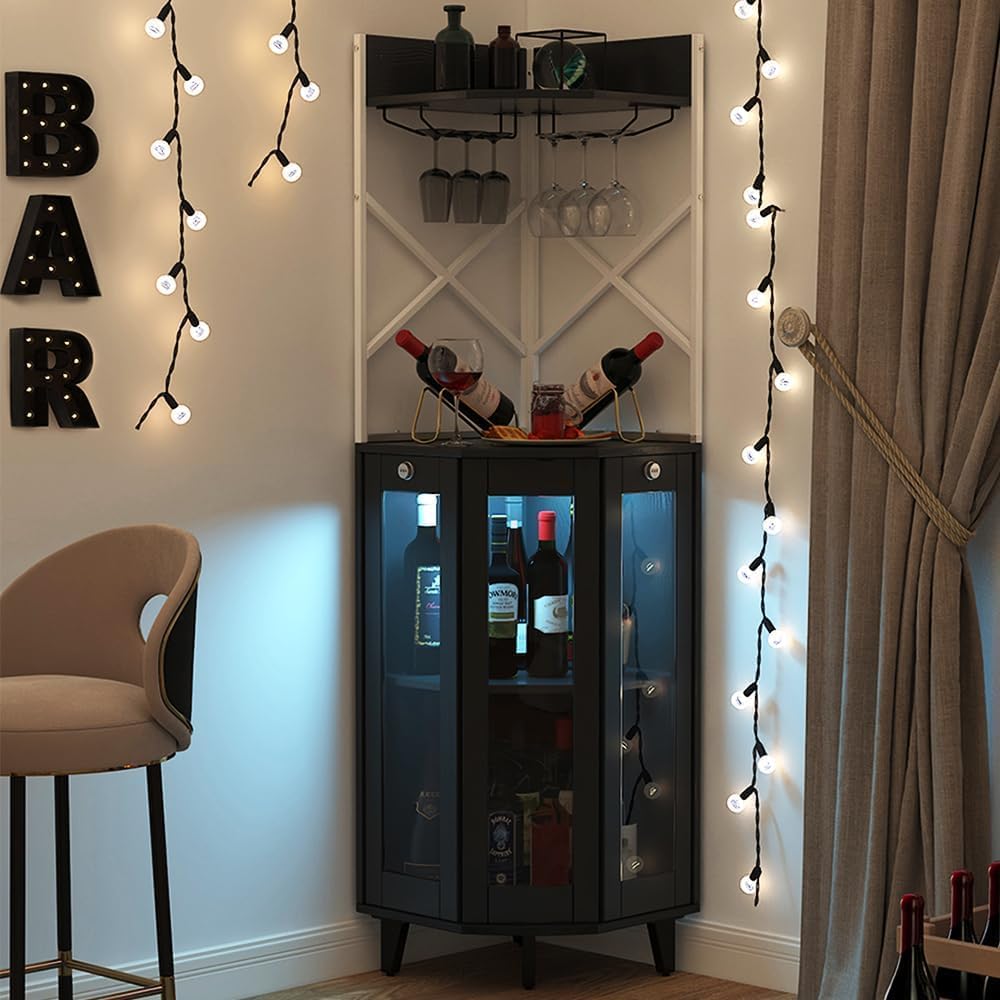 COCO DESIGN Corner Wine Cabinet with Lockable Glass Door & LED Light, 4-Tier Liquor Bar Unit, Modern Farmhouse Home Bar for Kitchen/Dining Room/Living Room, 2 Wine Racks & 2 Glass Display Trays, Black