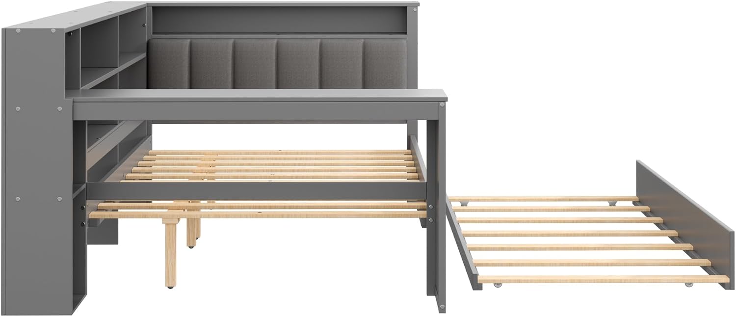 Bellemave Full Corner Bed with Bookcase Storage and LED Lights, Wooden Platform Bed Frame with Desk and Twin Trundle, Full Daybed with Upholstered Headboard and Charging Station, Grey