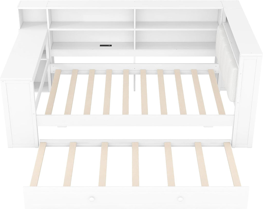 LUMISOL Twin Size Daybed Bed with Trundle, Storage Shelves, Desk & Charging Station, L-Shaped Corner Bed Frame with Upholstered Headboard for Living Room, Guest Room, White