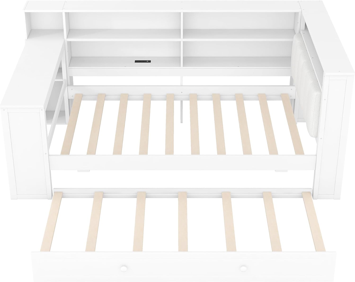 LUMISOL Twin Size Daybed Bed with Trundle, Storage Shelves, Desk & Charging Station, L-Shaped Corner Bed Frame with Upholstered Headboard for Living Room, Guest Room, White