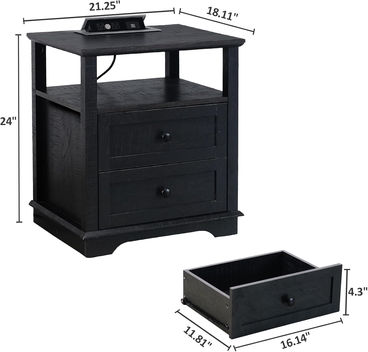 HIFYOBRO End Table with 2 Drawers and Charging Station, Type-C & USB Port & Power outlets, Wooden Storage Nightstand, Large Side Table with Storage for Living Room and Bedroom