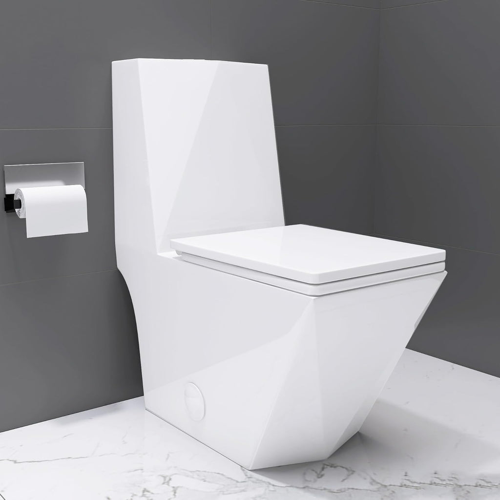 WinZo Modern Square Toilet One Piece With Golden Push Button Dual Flush Elongated Rectangle Comfortable ADA Height,White with golden Parts