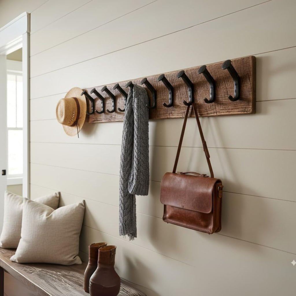 Magnolia Oaks Woodshop Rustic Farmhouse Reclaimed Wood Wall Hanging Rack with Railroad Spike Hooks - Holds 8+ Coats & Hats - Handmade in USA