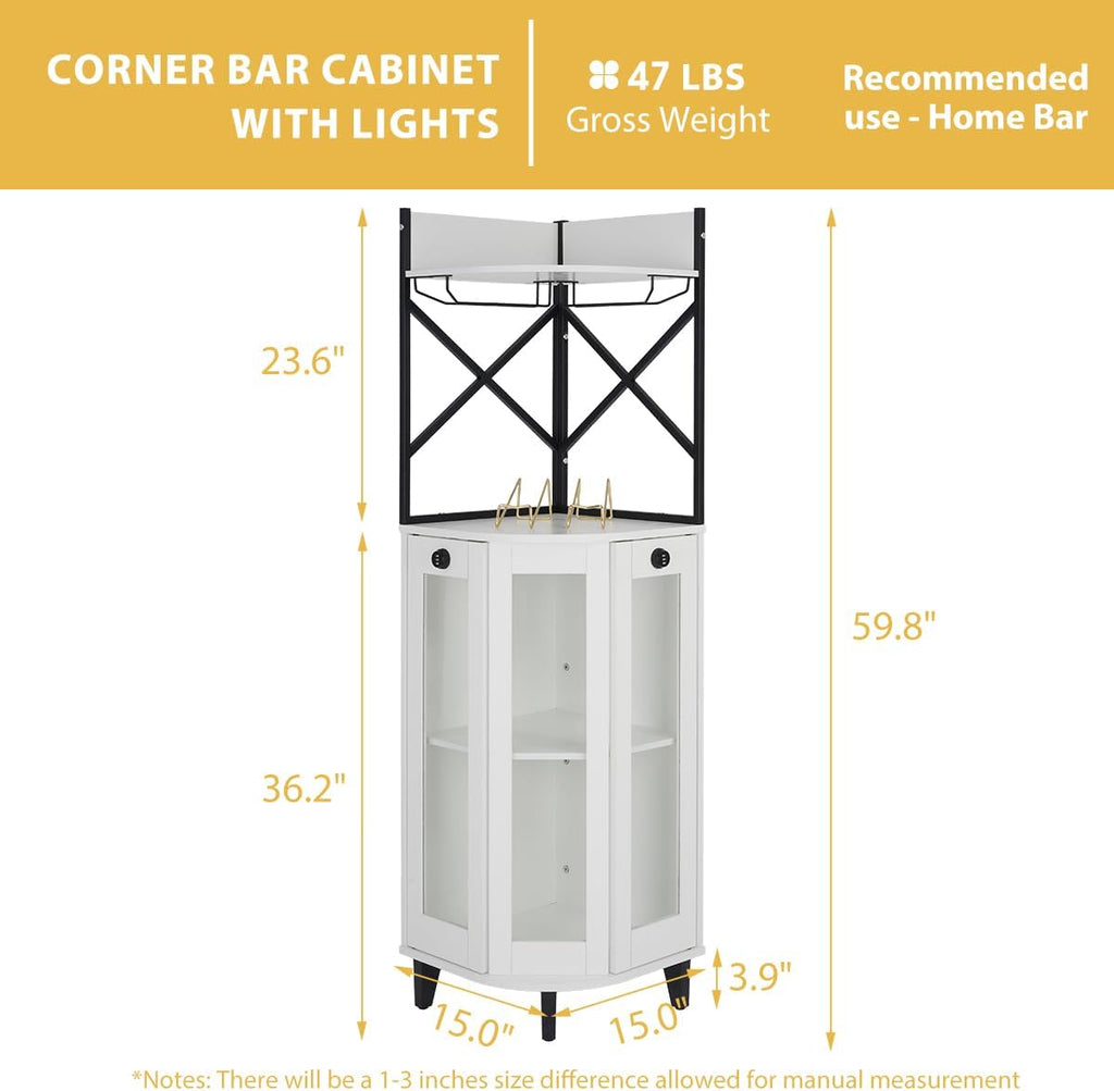 COCO DESIGN Corner Wine Cabinet with Lockable Glass Door & LED Light, 4-Tier Liquor Bar Unit, Modern Farmhouse Home Bar for Kitchen/Dining Room/Living Room, 2 Glass Display Trays & 2 Wine Racks, White