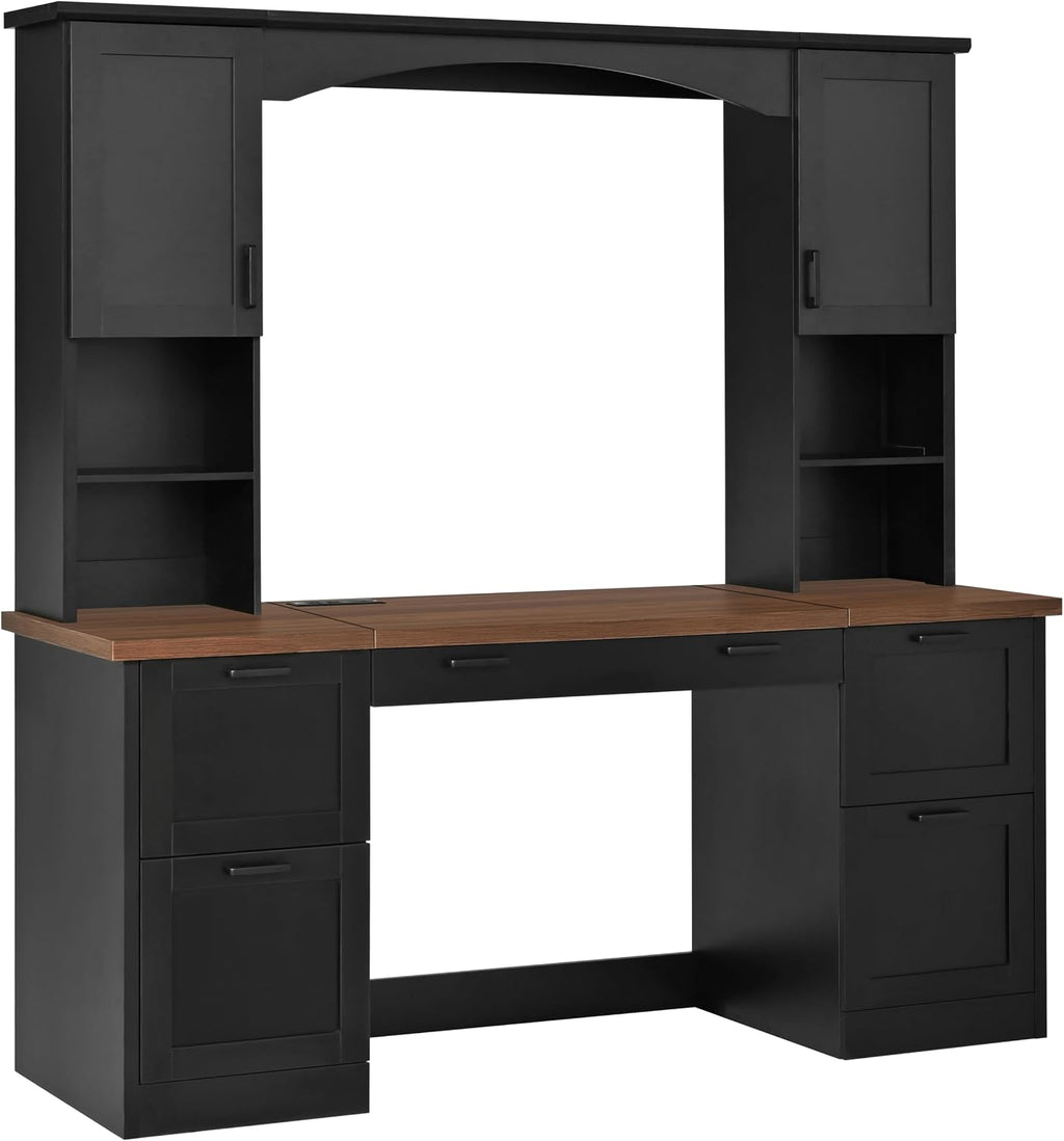 Farmhouse Arched Computer Desk with Hutch,Walnut Home Office Workstation with Charging Station & Keyboard Tray,All-in-One Writing Desk for Study, Office (Black-FA)
