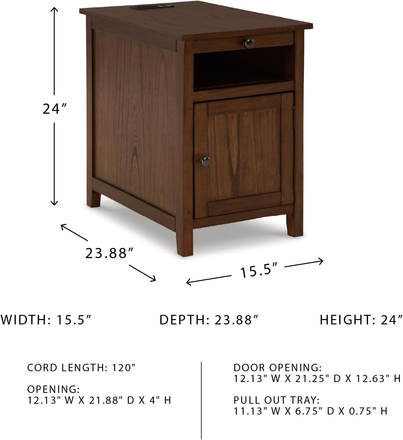 Signature Design by Ashley Treytown Casual Compact Chairside End Table with a Storage Cabinet, Open Cubby Shelf, Pull-Out Tray & USB Charging Ports, Brown
