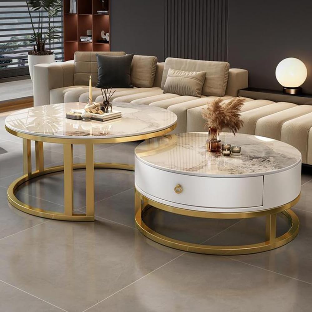 LITFAD 2 Piece Set Nesting Coffee Tables Steel Frame Round Slate Top Living Room Table Modern Central Table with Storage Drawer for Living Room, Office, Cafe - 27.5' L + 19.5' L Gold/White - White