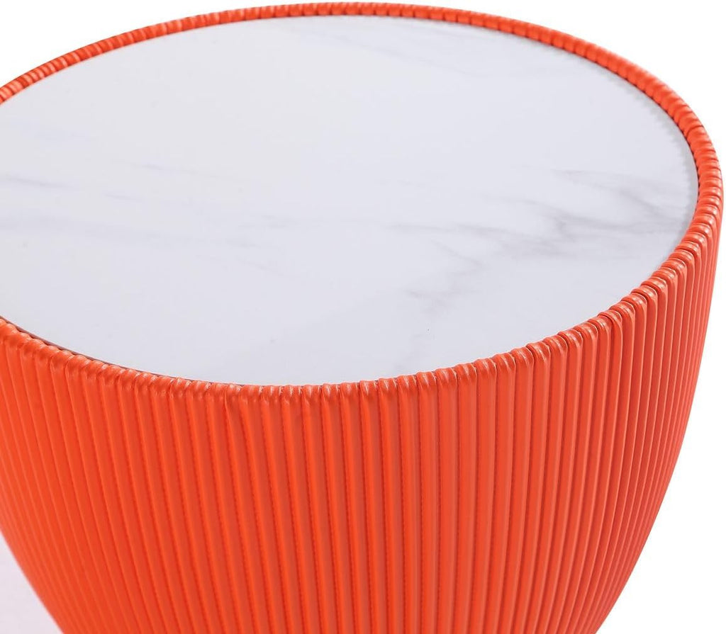 Manhattan Comfort Modern Anderson Coffee Table and End Table 2.0 Upholstered in Orange Leatherette with Ceramic Faux Tabletop - Set of 2