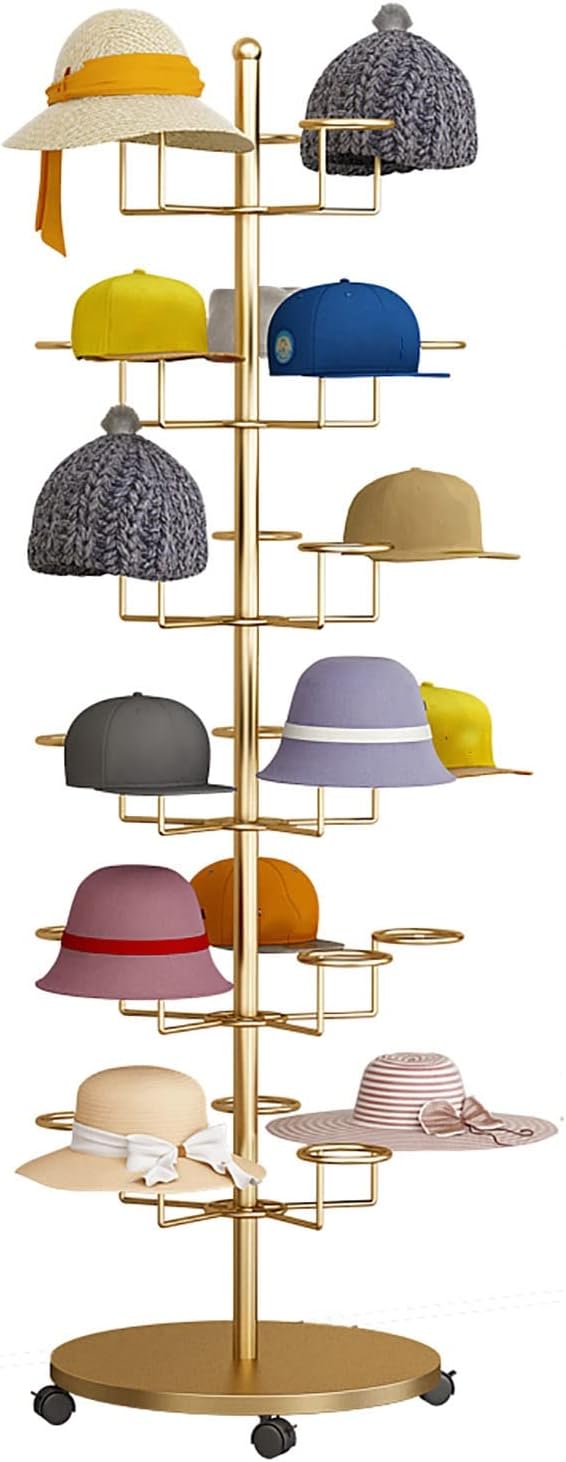 Hat Display Stand Floor Standing Gold Hat Racks Organisers with Wheels, Commercial Multi-Layer Hat Holder Stand for Cowboy/Baseball Caps, Large Capacity