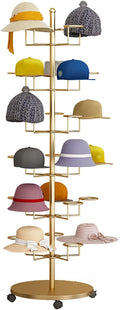 Hat Display Stand Floor Standing Gold Hat Racks Organisers with Wheels, Commercial Multi-Layer Hat Holder Stand for Cowboy/Baseball Caps, Large Capacity