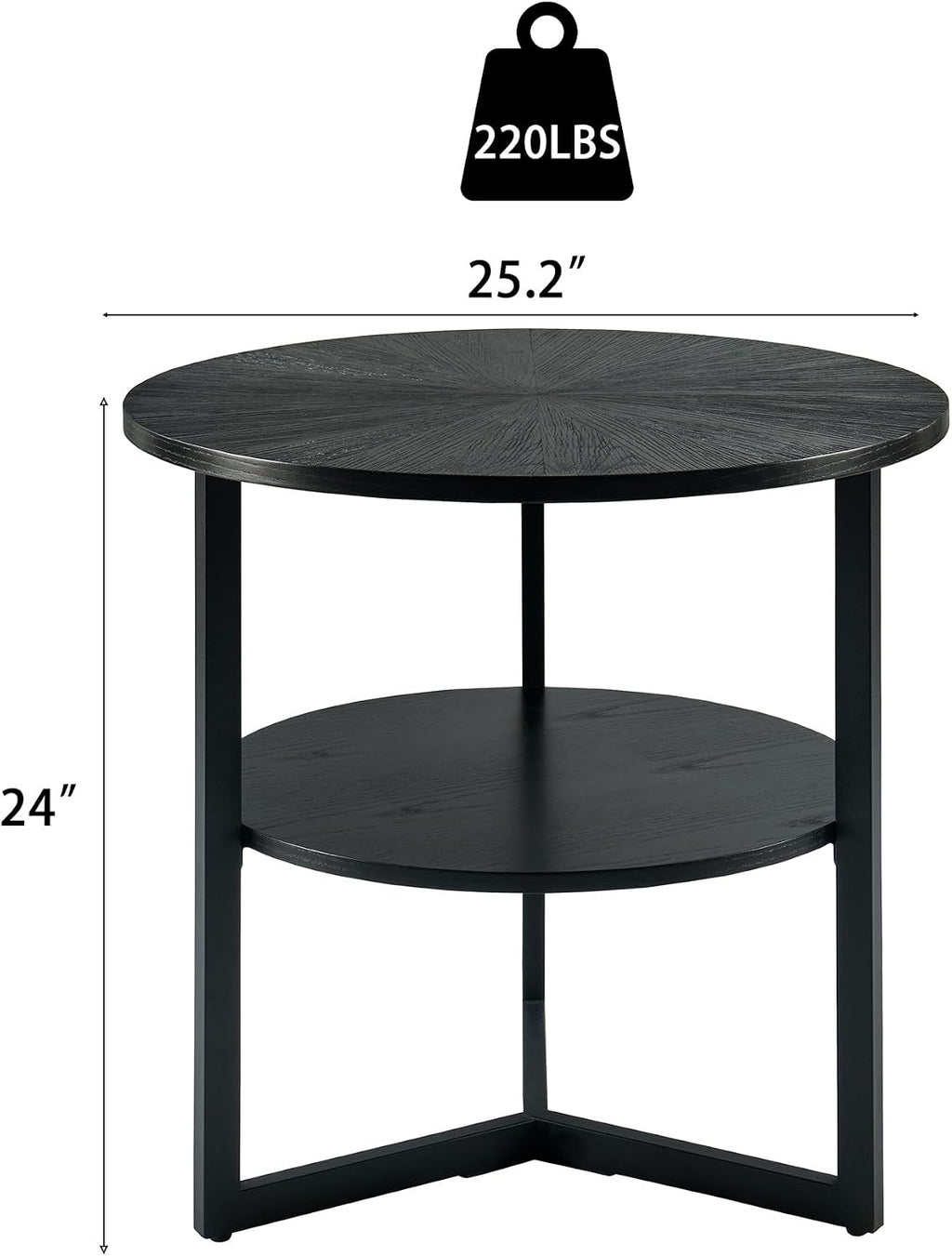 Large Round End Table with Storage Shelf, Rustic Circular Sofa Side Black Metal Legs, Solid Wood Nightstand, Telephone for Living Room, Bedroom, 25.2''D x 24''H Brushed CJZ1338BK