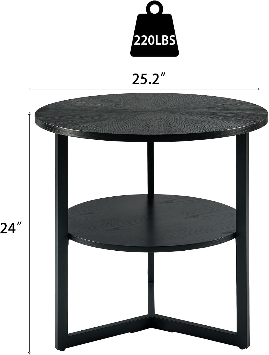 Large Round End Table with Storage Shelf, Rustic Circular Sofa Side Black Metal Legs, Solid Wood Nightstand, Telephone for Living Room, Bedroom, 25.2''D x 24''H Brushed CJZ1338BK