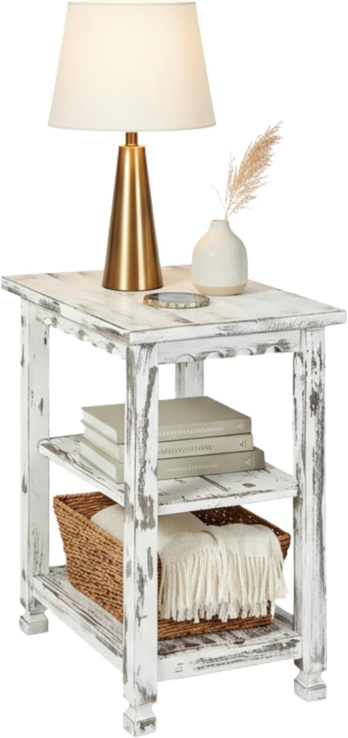 Alaterre Furniture Country Cottage Rustic Farmhouse Nightstand – 3-Tier Narrow End Table with Weathered Faded Finish, Carved Edges, & Turned Legs (Distressed Antique White)