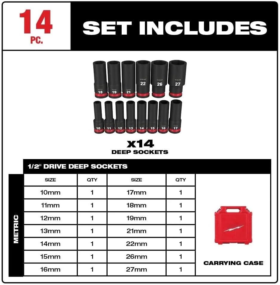 14PC 49-66-7014 for Milwaukee 1/2' hex Drive Metric Deep Socket Set w/case