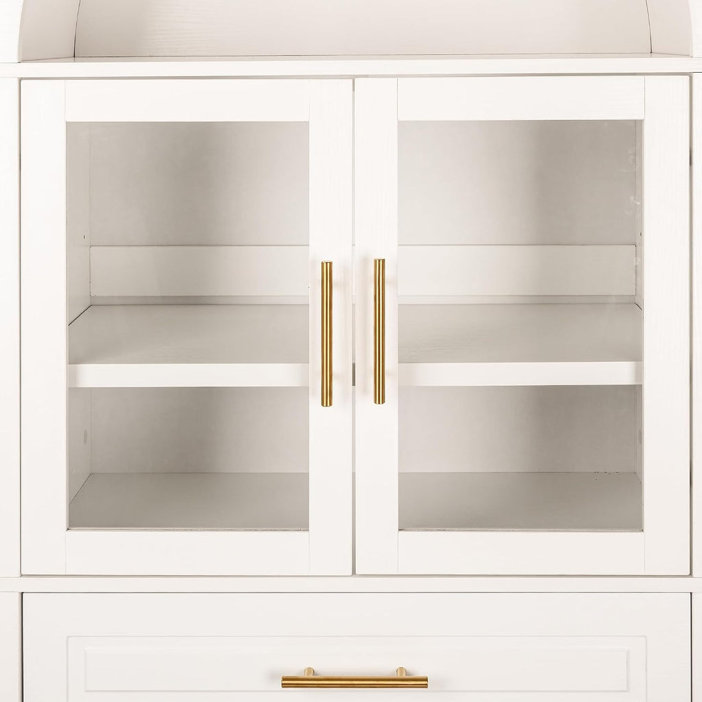 71' Farmhouse Arched Kitchen Pantry Cabinet with Glass Doors & Large Drawer, Wood Versatile Cupboard with Adjustable Shelves for Kitchen Dining Room Living Room Coffee Bar(White)