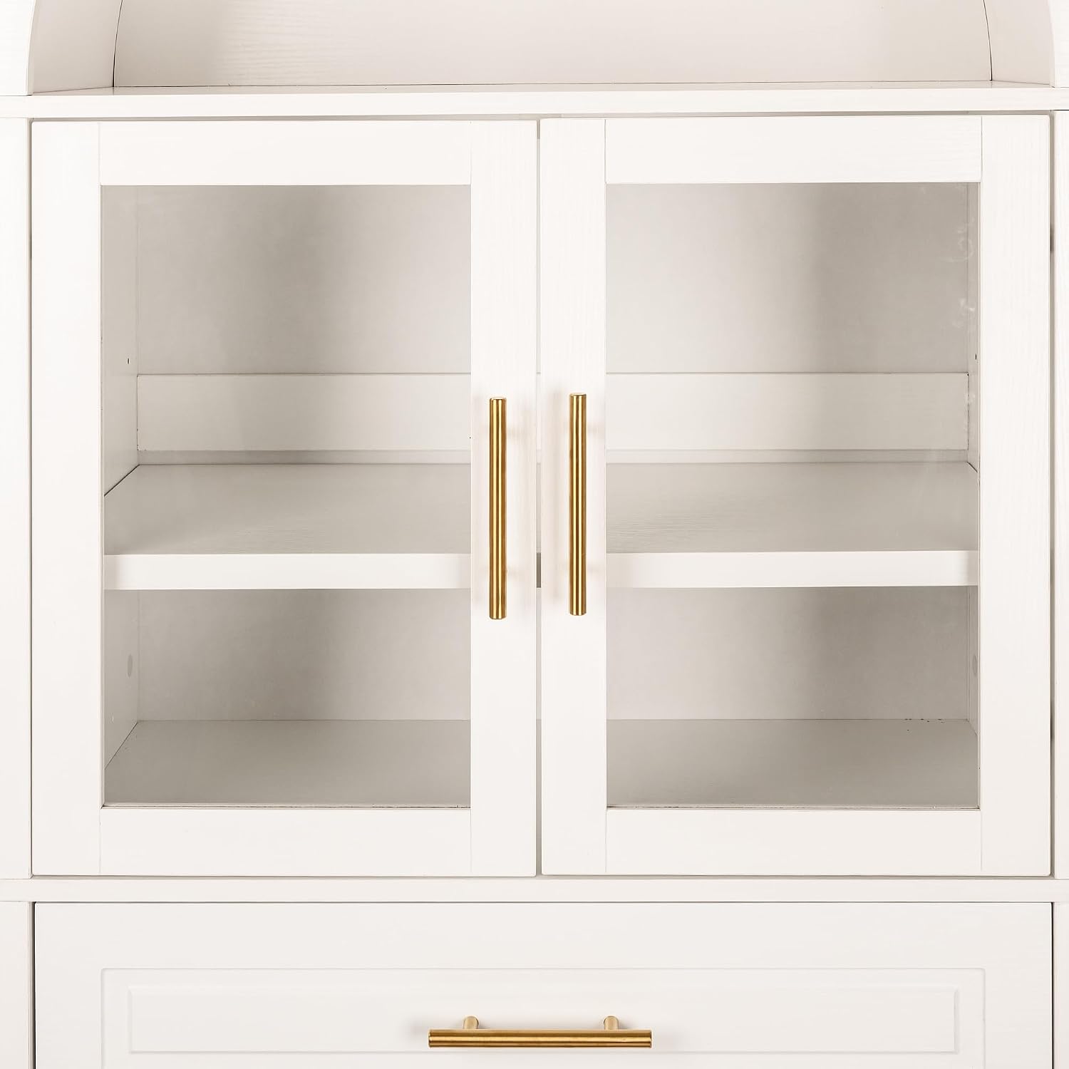 71' Farmhouse Arched Kitchen Pantry Cabinet with Glass Doors & Large Drawer, Wood Versatile Cupboard with Adjustable Shelves for Kitchen Dining Room Living Room Coffee Bar(White)