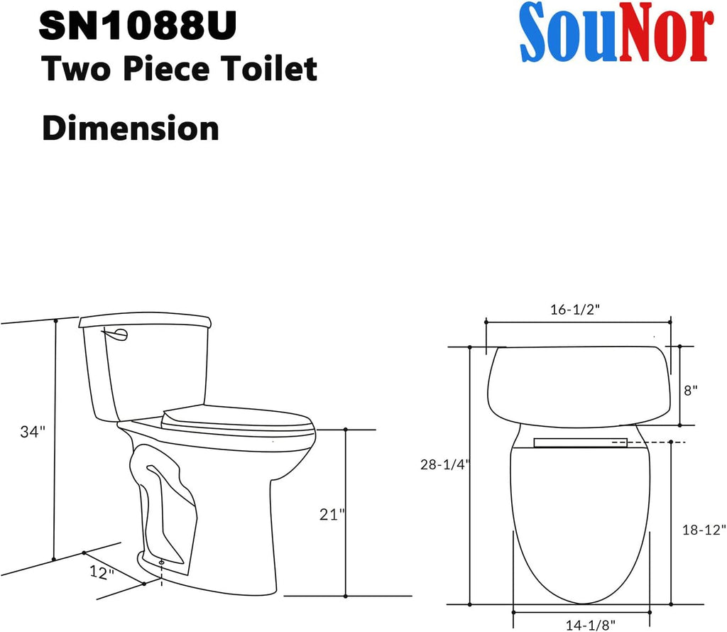 Sounor 21'' Comfort Seat Height Toilet,Extra Tall Toilets For Seniors,Handicap, 12 Inch Rough-In,Ada,Two-Piece Side Flush 1.28 Gpf,Elongated For Bathroom,White