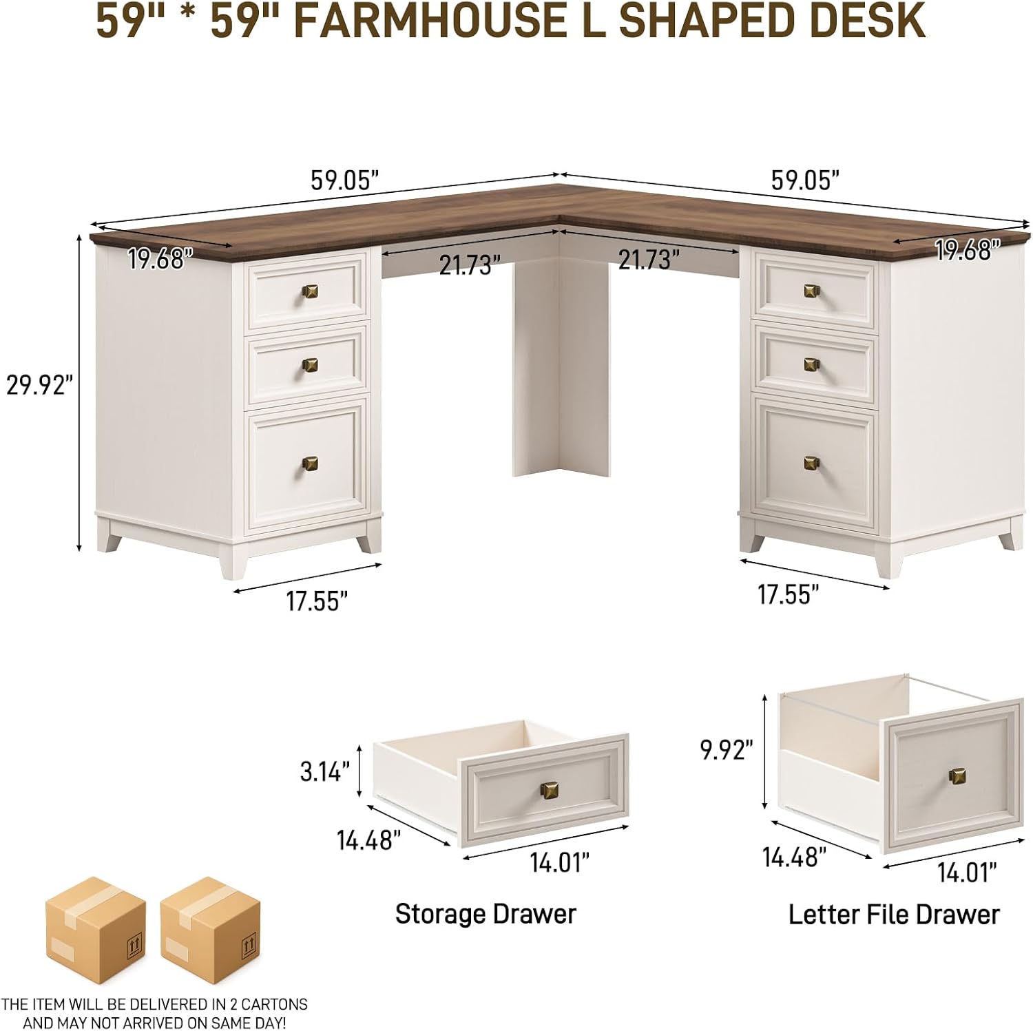 Vabches Farmhouse L Shaped Executive Desk with 6 Drawers, 59'' Wood Home Office Desk with File Cabinet, Writing Corner Computer Desk for Home Office, Work, Study, White and Brown