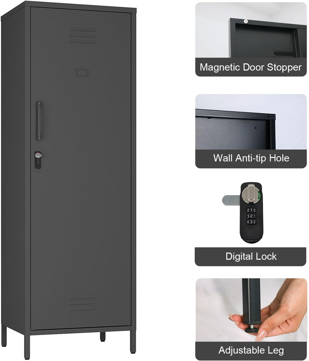 Steehoom Metal Storage Cabinet with Lock, Lockable Metal Single Door Cabinet Steel File Locker with 3 Adjustable Shelves 59.06-inch high for School, Living Room, Home, Office, Pantry (Black, H59.06'')