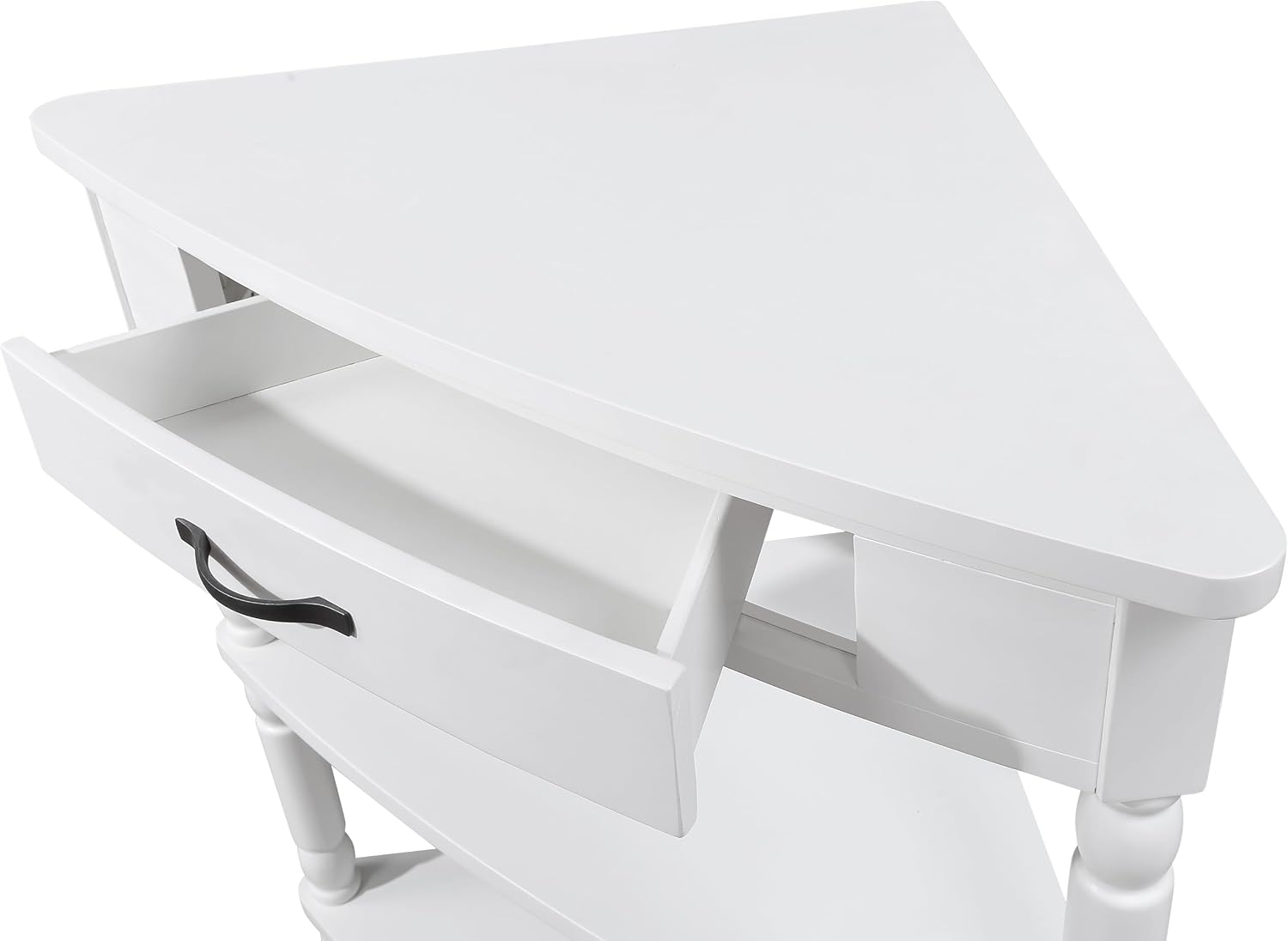 33.8'' Small Triangle Corner Table,3 Tier End Corner Table with Open Shelf and Solid Wood Legs,Wood Corner Side Table with 1 Storage Drawer for Bedroom,Living Room,Small Spaces (Milk White)