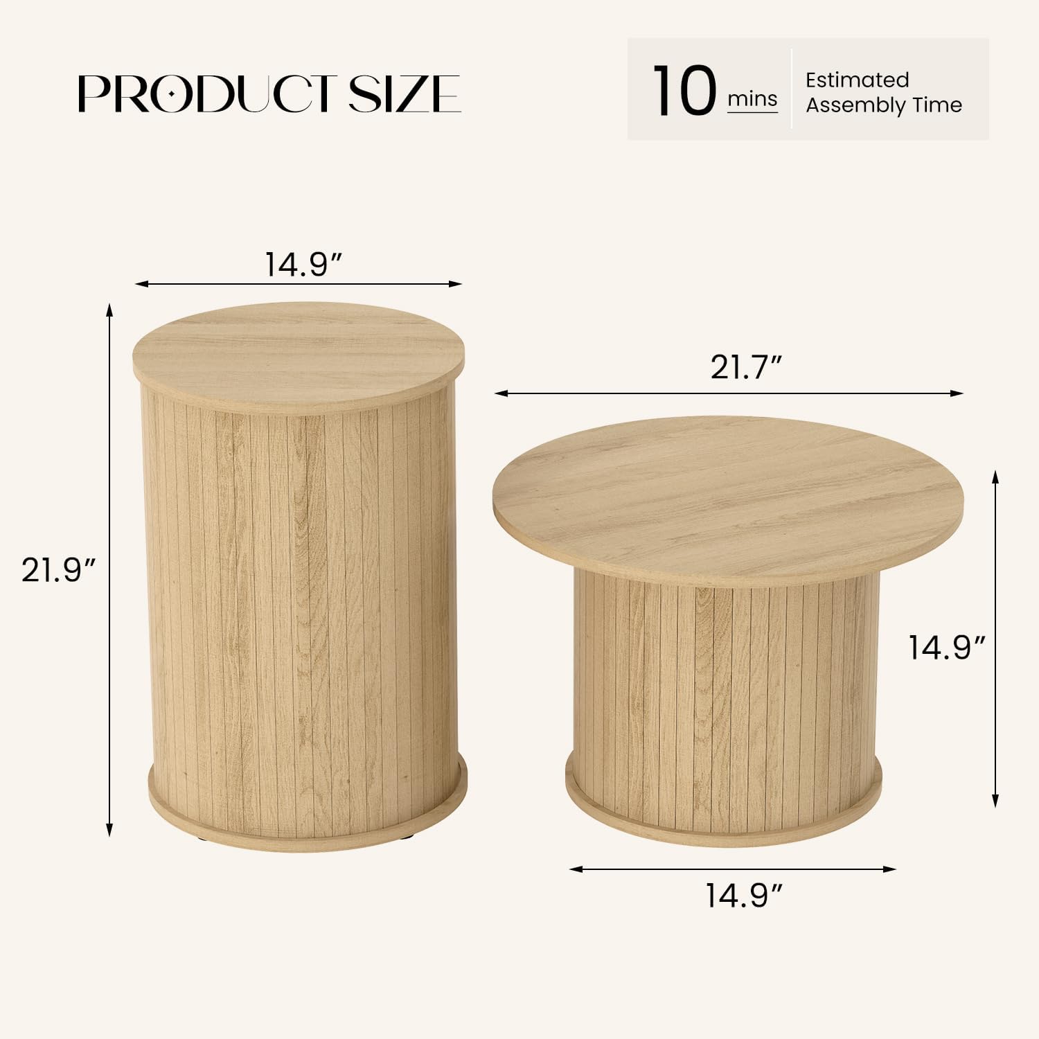 Set of 2 Round Wood Coffee Table Set for Living Room, Fluted Circle Nesting Coffee Tables for Apartment, Small Spaces, Bedroom, Modern Style, Easy Assembly & Maintenance, Oslo Oak