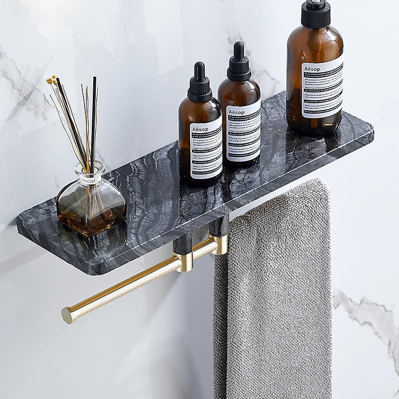 Marble Paper Towel Holder, Towel Rod, Wall Mounted Toilet Paper Holder, Shelf, black-40 Long Shelf